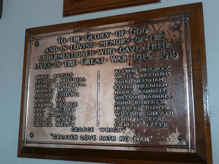 The First World War Memorial in the Methodist Church (Wesleyan Chapel) in Thurlby (Lincs)