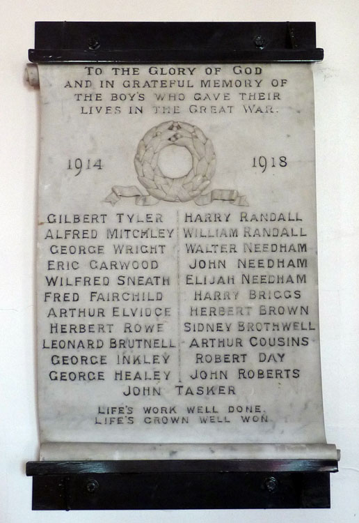 The First World War Memorial in the Free Methodist church (Top Chapel) in Thurlby (Lincs)