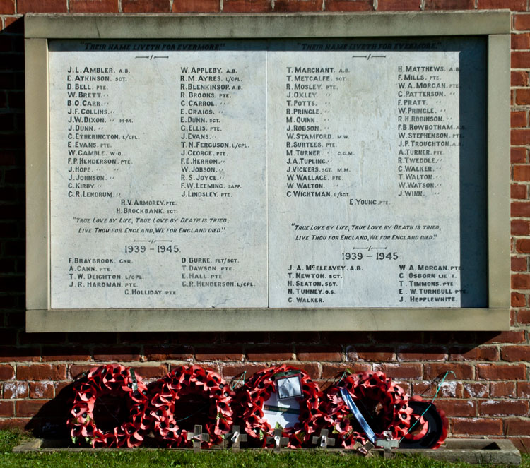 The War Memorial for Ushaw Moor, located on the South East Wall of St. Luke's Church