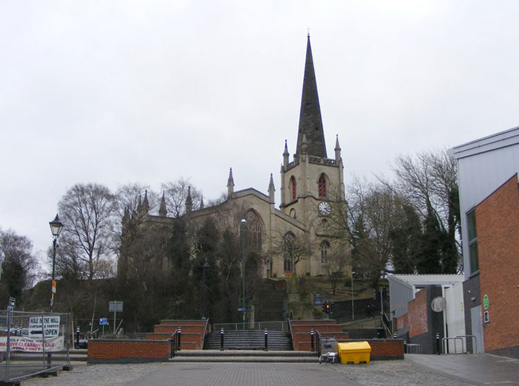 St. Matthew's Church, Walsall - the War Memorial can just be made out to the right of the Church Steps.