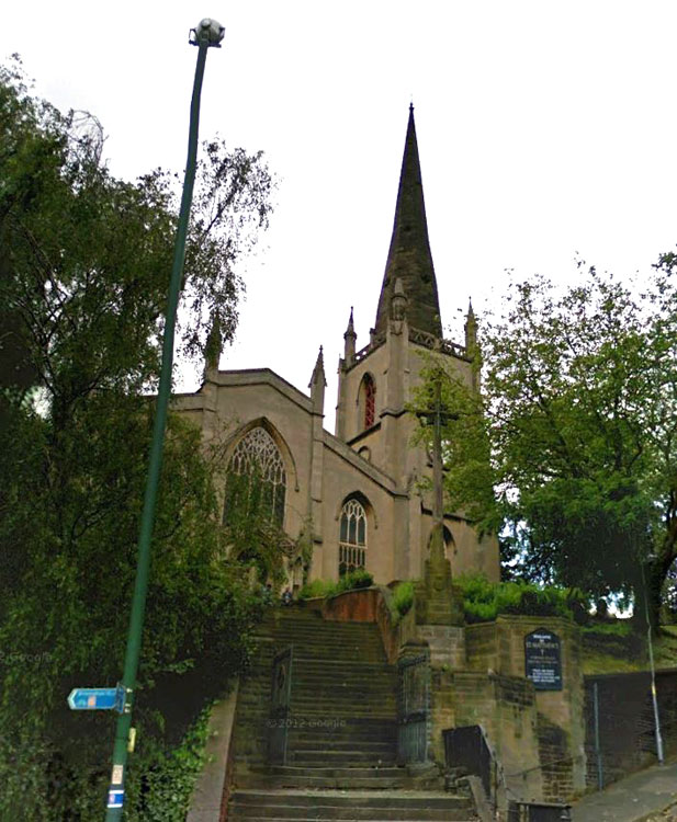 A view from Google Earth showing the Memorial to the right of the steps leading to St. Matthew's Church