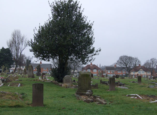 The area in Walsall (Ryecrift) Cemetery containing Private Coomb's grave (left foreground).