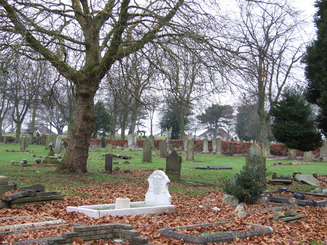 The area in Walsall (Ryecroft) Cemetery containing SErjeant Tait's grave (centre foreground).
