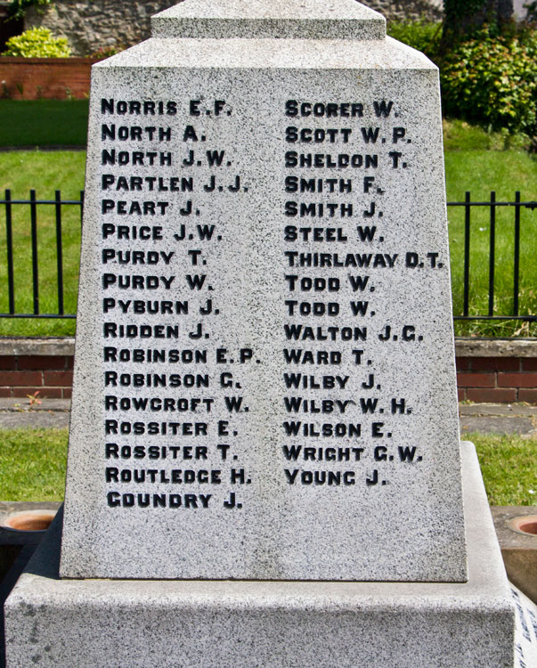 Names "N" - "Y" (WW1) on the West Cornforth War Memorial