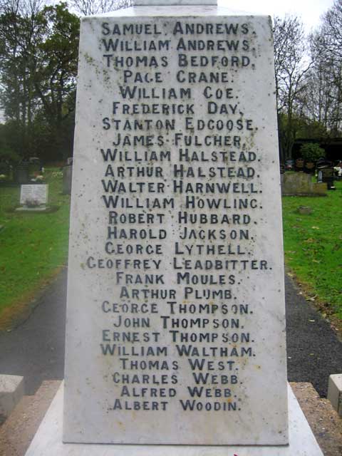 The names on the War Memorial for West Walton (Norfolk)