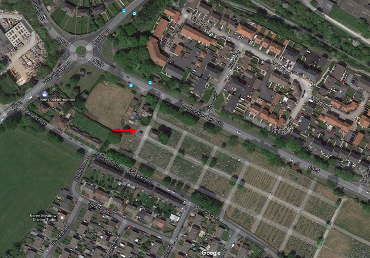 The Satellite View of Whitwood Cemetery, with the War Memorial Shown by an Arrow.