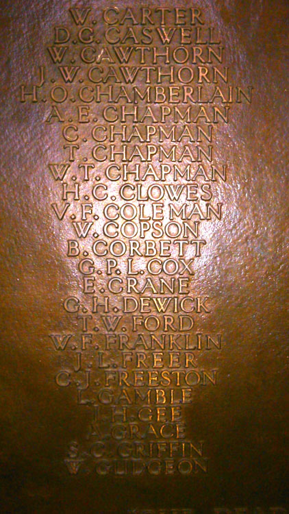 Lieutenant Freeston's Name on the First World War Memorial Tablet