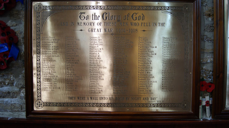 The First World War Memorial Plaque in All Saints' Church, Wingate