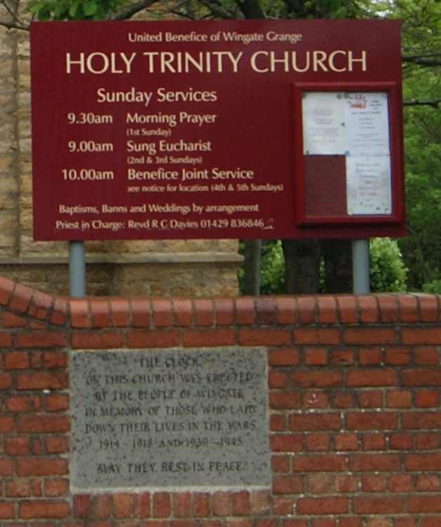 The Plaque Commemorating The Clock (Above the Church Door) for Wingate