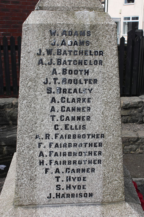 The names on Woodville (Derbyshire) War Memorial for the Granville Estate, left face