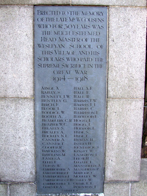 The names on The Woodville (Derbyshire) War Memorial for the Wesleyan School