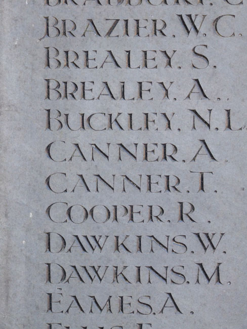 The Canner brothers' names on The Woodville (Derbyshire) War Memorial for the Wesleyan School