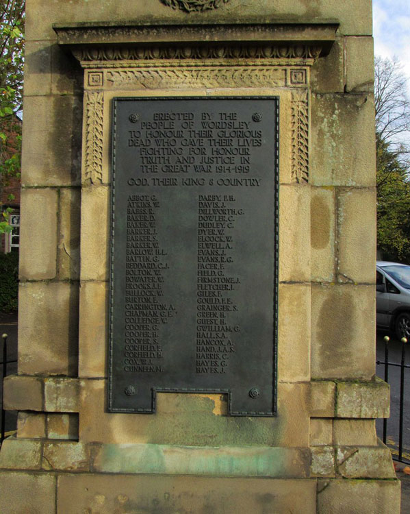 The Panel with Albert Carrington's Name on the Wordsley (Dudley) War Memorial