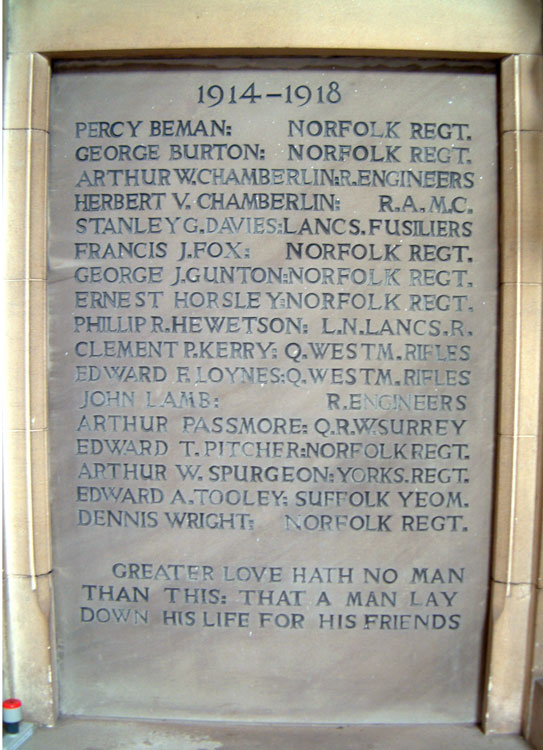 The War Memorial inside St. Mary the Virgin's Church, Wroxham (Norfolk)