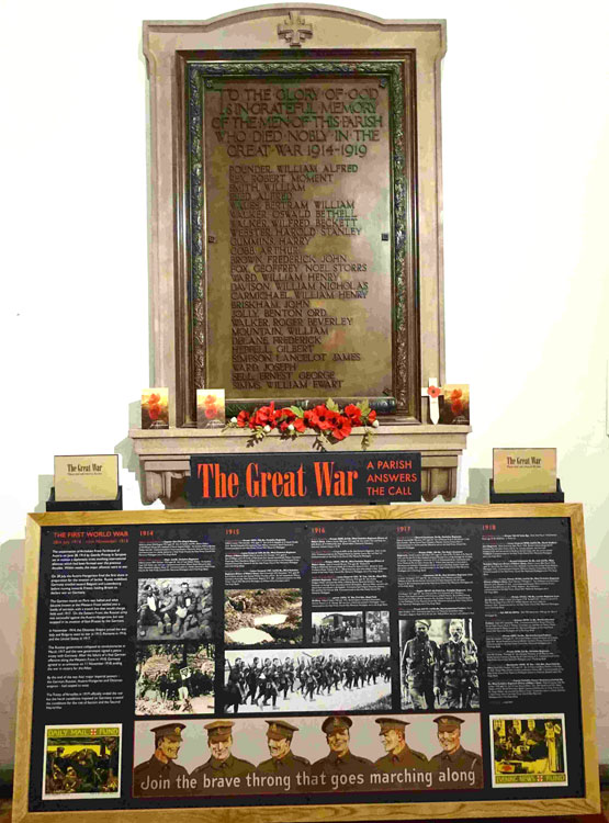 The First World War Memorial in Holy Trinity Church, Micklegate (York). Beneath the memorial is a commemorative WW1 display.