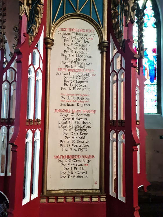 Private Dewsnap's Name on the War Memorial in St. Mary's Church, Barnsley