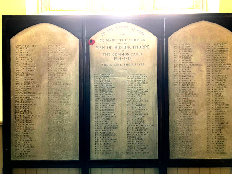 The War Memorial originally in St. Michael's Church, Buslingthorpe (Leeds)