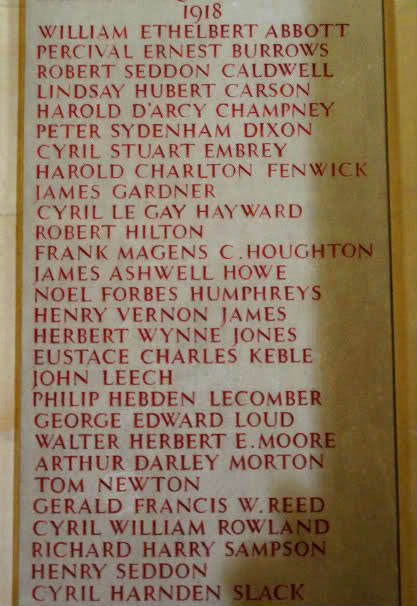 Lieutenant Champney's Name on the Denstone College Roll of Honour.