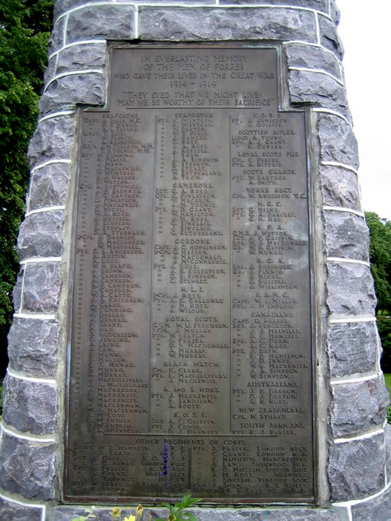 First World War Commemorations on the War Memorial for Forres (Morayshire)