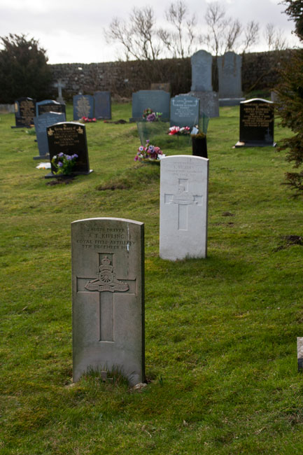 The headstones of Driver Kipling and Private Vickers (white) in Bowes and Gilmonby Cemetery 