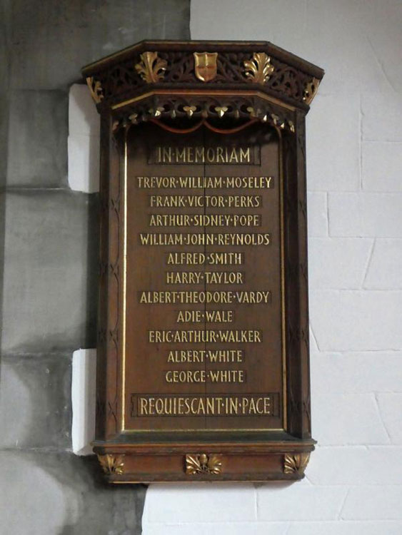 The First World War Memorial, names "M" - "W", in St. Mary's Church, Lapworth