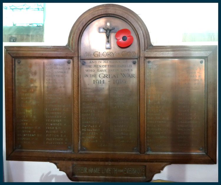 The First World War Memorial Plaque in St. Peter's Church, Norton-on-Derwent