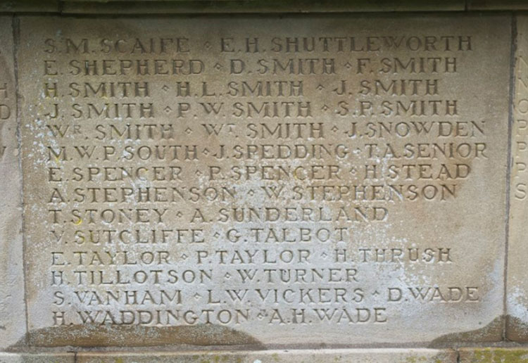 Names "Sc" - "Wa", including Maurice William Palmer South, on the Bingley War Memorial.