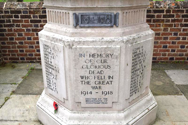 The First World War Commemoration on the War Memorial for Wheathampstead.