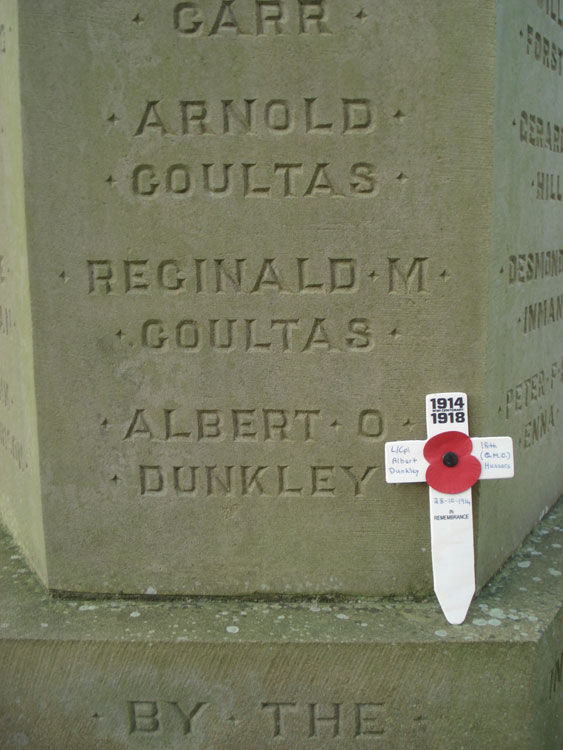 Arnold Coultas' Name on the War Memorial for Scalby, in St. Laurence's Churchyard.