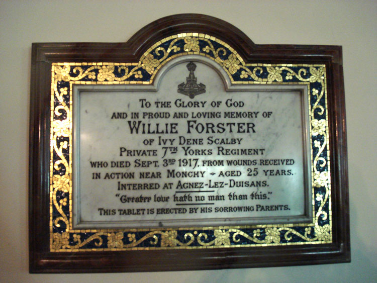 Wille Forster's Memorial Plaque in St. Laurence's Church, Scalby