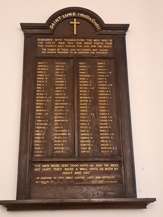The War Memorial for St. Luke's Church (Hollins Croft, Sheffield) now located in St. George's Church
