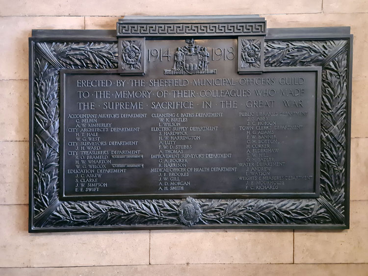 The First World War Memorial to Sheffield's Municipal Officers Guild in Sheffield's Town Hall