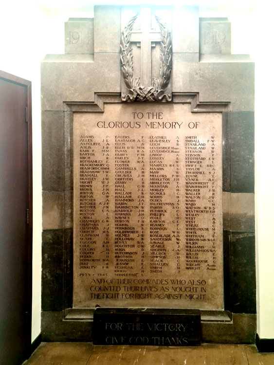 The First World War Memorial in the Victoria hall Methodist Church, Sheffield