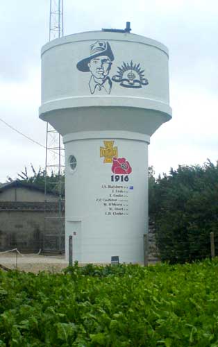 The water tower in Contalmaison, France, which carries the names of 7 VC winners from that battle, - including William Short.