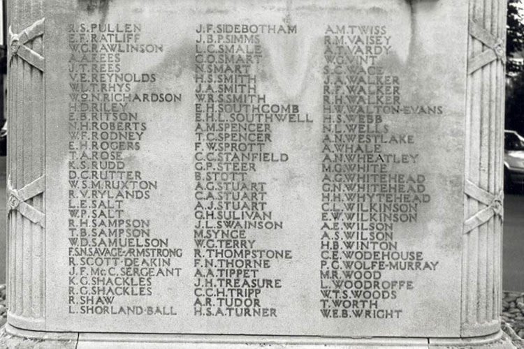 The Panel on the Shrewsbury School War Memorial which includes Lieutenant Turner's Name