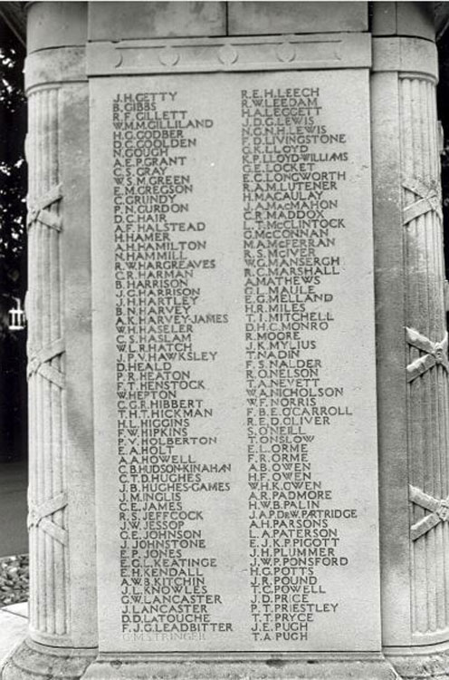 The Panel on the Shrewsbury School War Memorial which includes Lieutenant Mitchell's Name