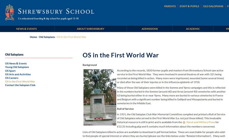 The Shrewsbury School website page which includes data on those who lost their lives in the First World War