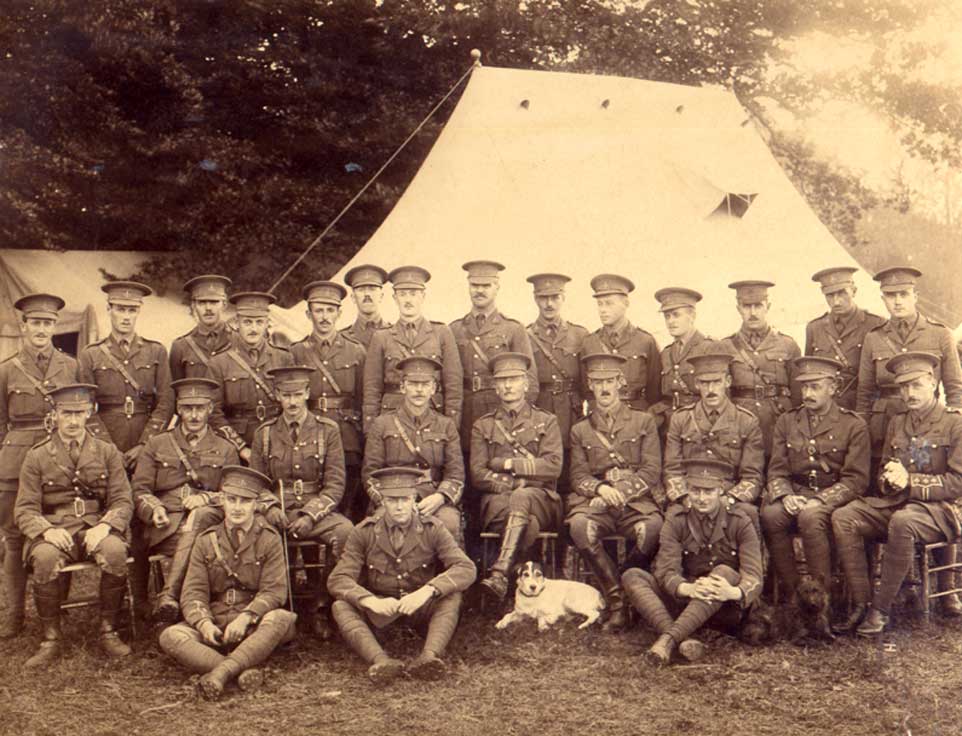 Officers of the 2nd Battalion Yorkshire Regiment, October 1914. Lieutenant Walmesley is 2nd from the right in the rear row.