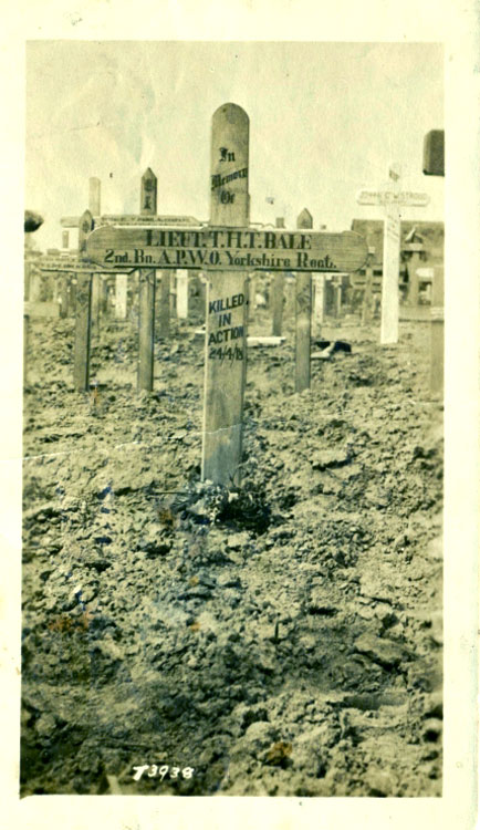 The original Grave Marker (Battle Cross) for Lieutenant Bale in Lijssenthoek Military Cemetery
