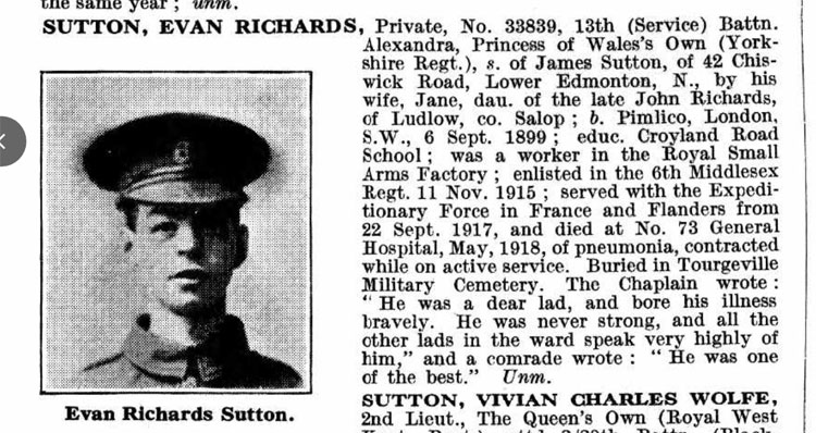 Evan Richards Sutton entry in De Ruvigny's Roll of Honour