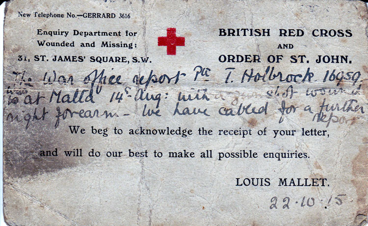 Notice od Thomas Holbrook being wounded serving in Gallipoli