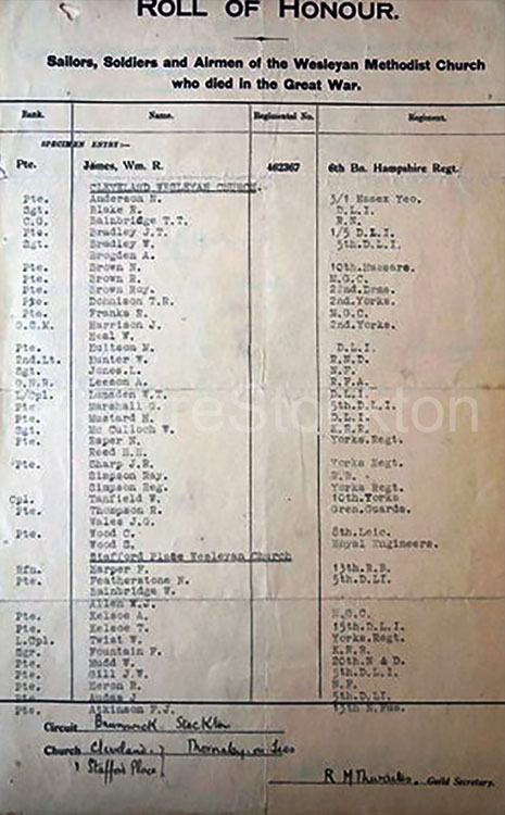The First World War Roll of Honour for Thornaby's Methodist Church