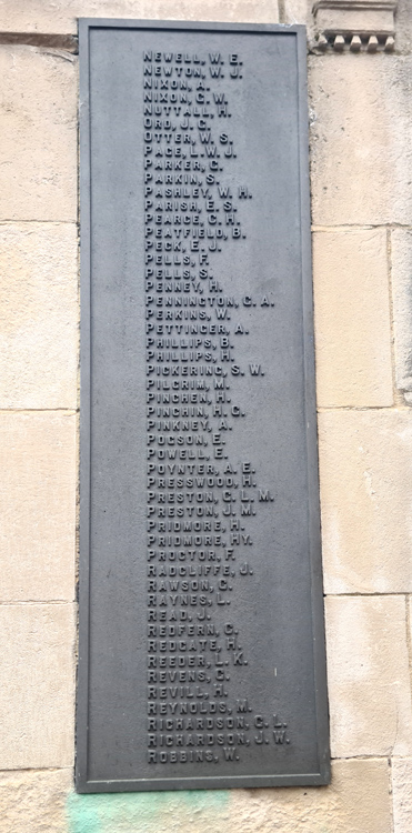 The Names of Private Parrish and Corporal Pilgrim on the Worksop War Memorial